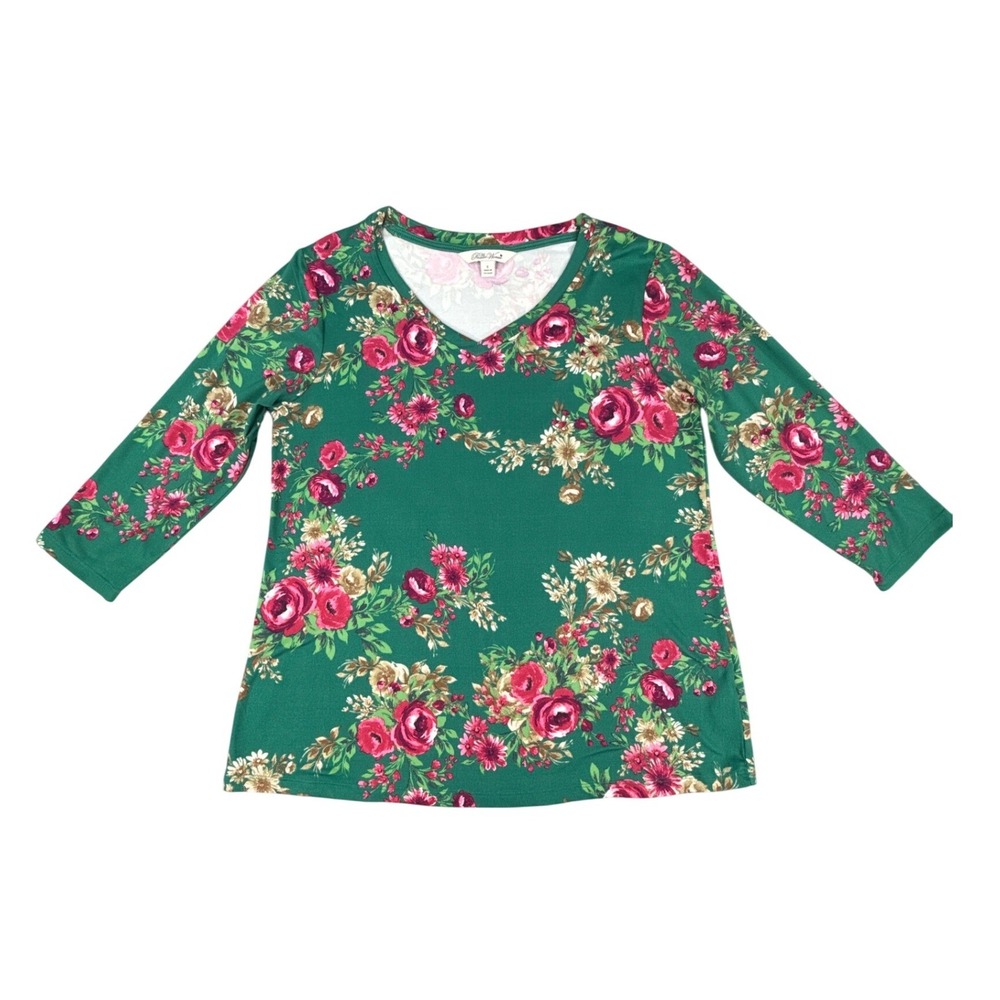 The Pioneer Woman Green Pink Floral V-Neck 3/4 Sleeve Top Shirt Small 38 bust